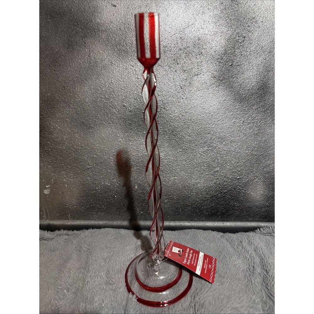 Ashland Peppermint Christmas Glass Taper Candle Holder Red Clear Spiral Twist 14